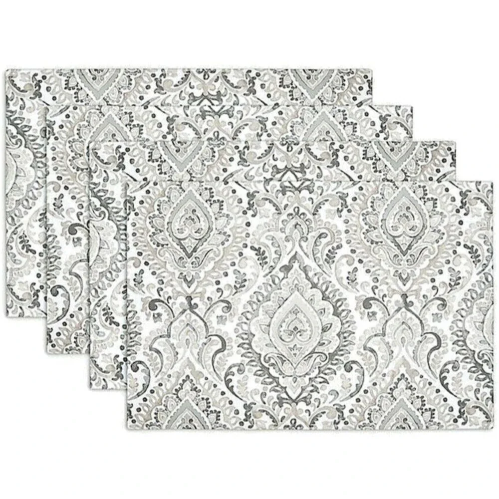 Watercolor Damask Indoor Outdoor Placemats Set of 4 Gray Paisley Beach Summer